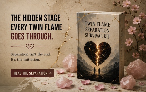 Twin Flame Separation Survival Kit with cracked heart artwork and soft pink crystal